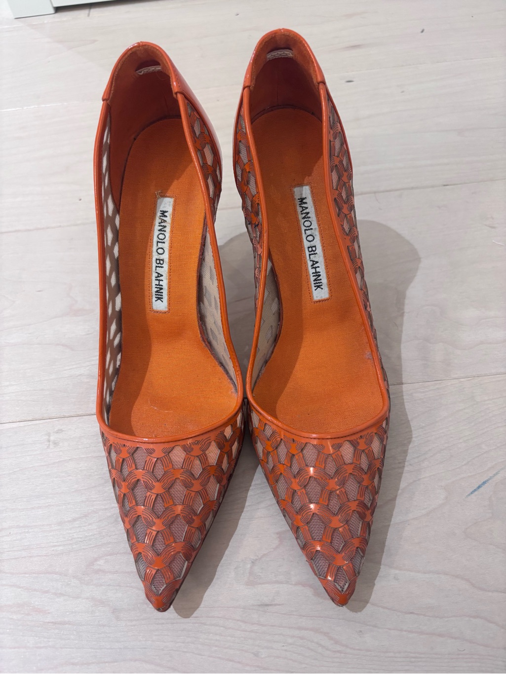 Manolo Blahnik Orange Woven Pointed-Toe Pumps
